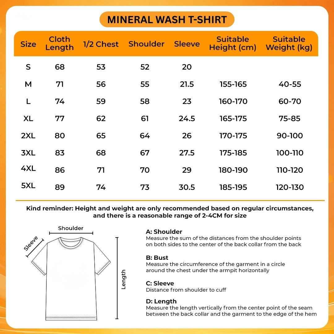 Mineral Wash T Shirt Size Chart - Sakamoto Days Store
